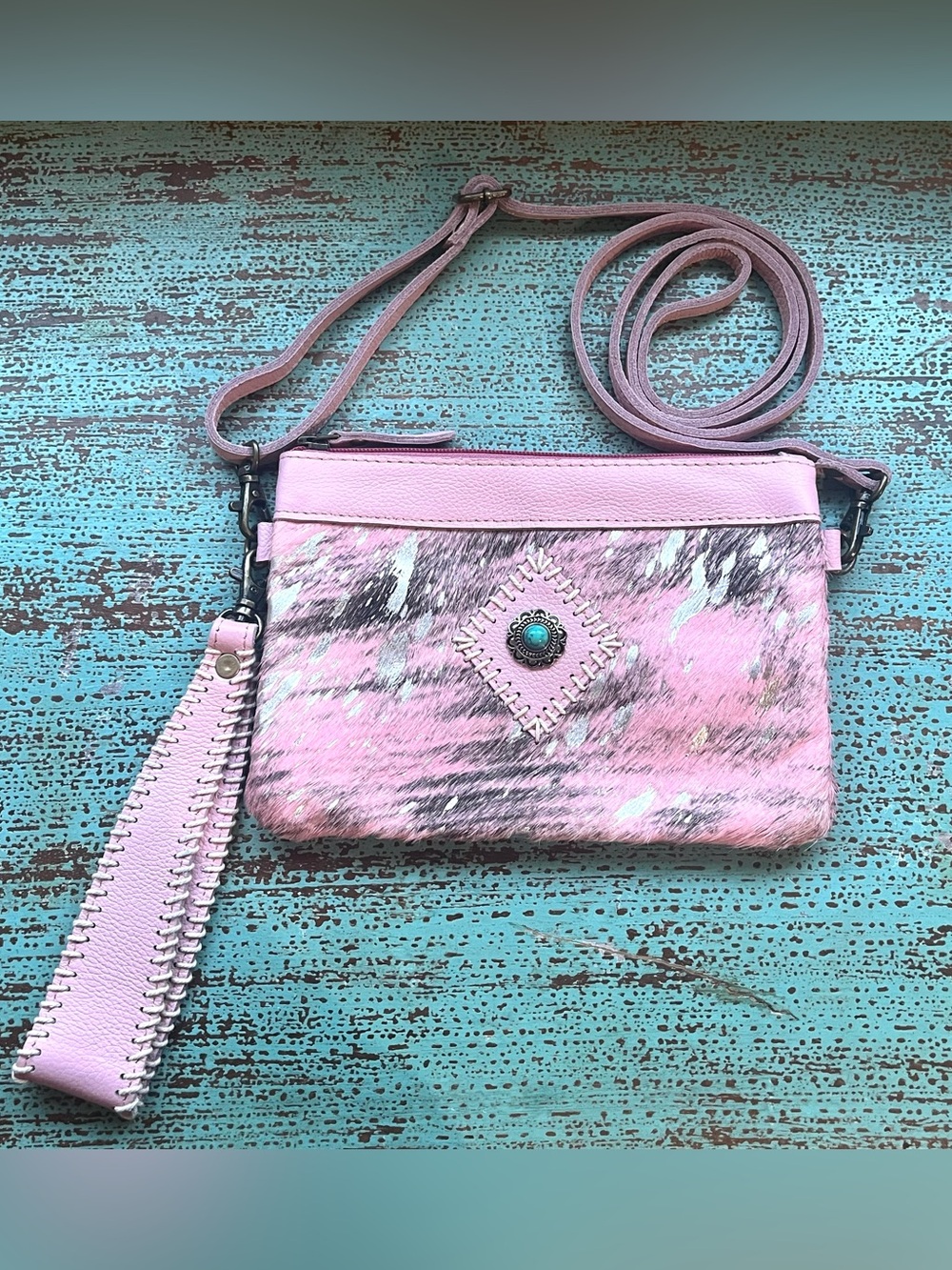 Myra PINK Cowhide & Leather Crossbody / Wristlet / Shoulder Bag Turquoise NWOT